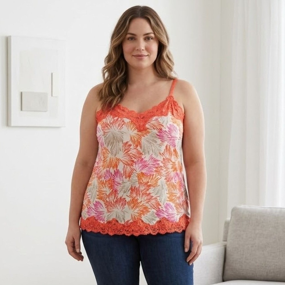Lane Bryant Cami Womens 18 20 Orange Pink Floral Lace Trim Sleeveless Tank NWOT